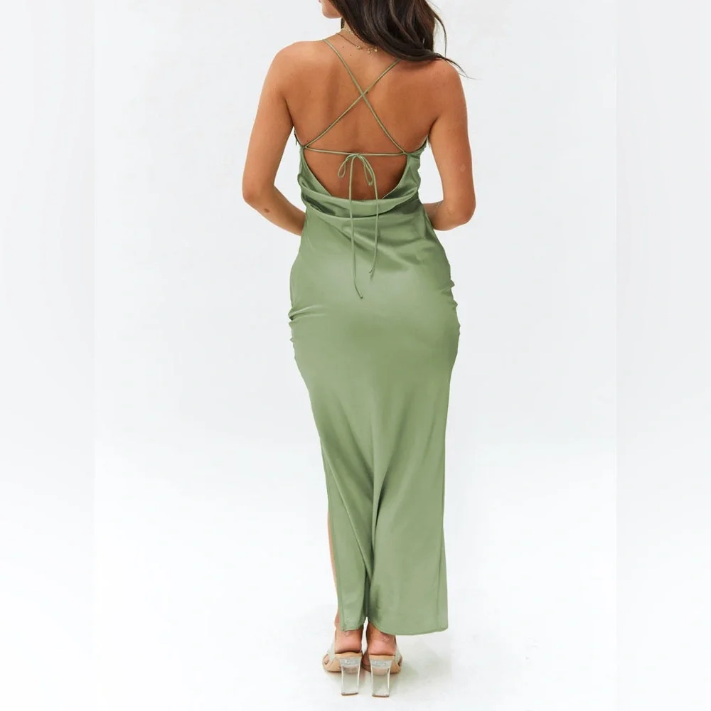 Beginning Boutique Green Maxi Slip Dress with Slit - Picture 2 of 6
